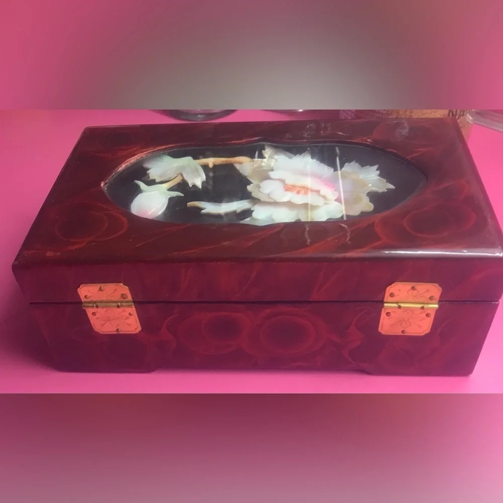Brown Lacquer with Gold Latch and Mother of Pearl Shadow Box Top Red Inside